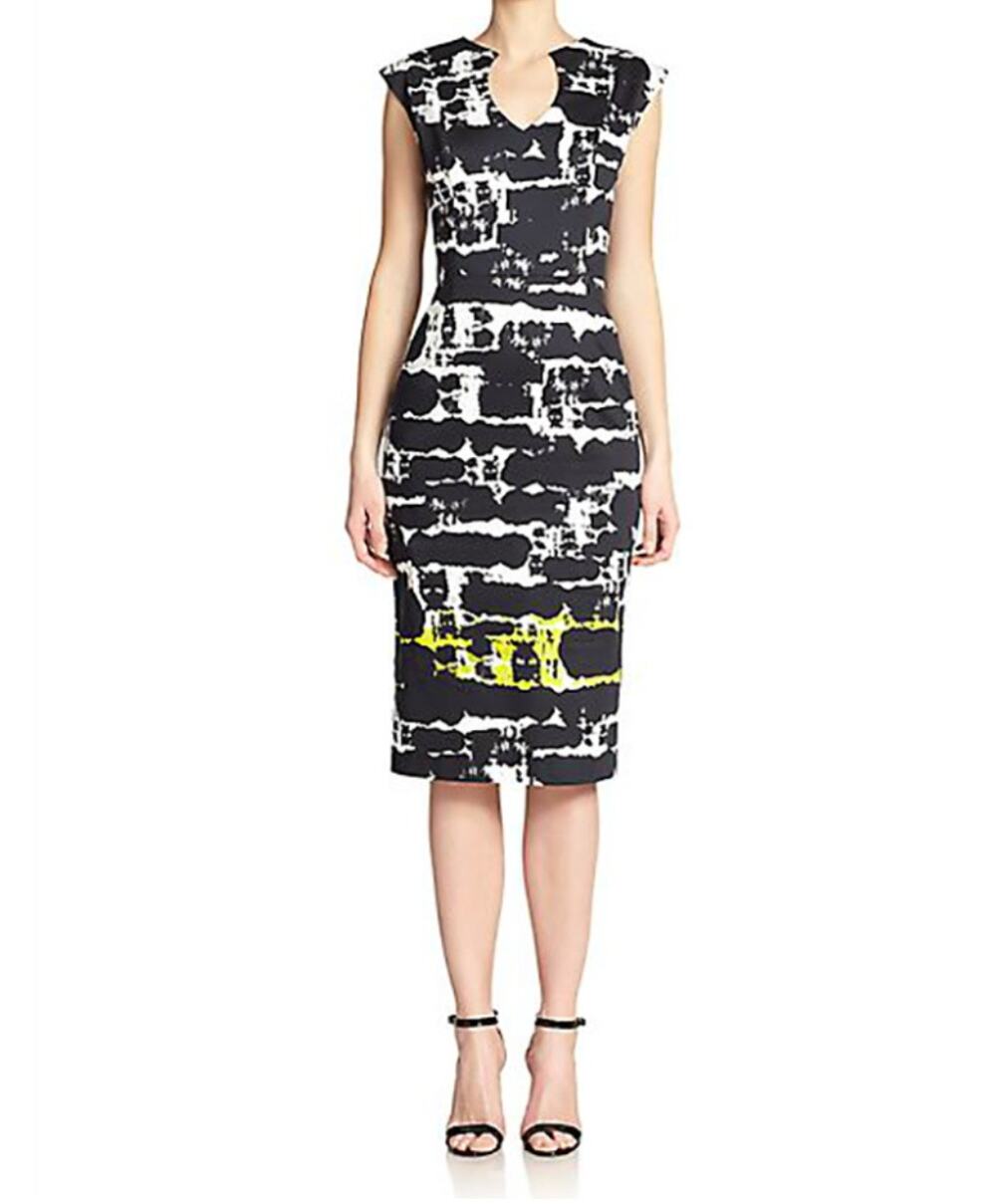 Black Halo Jazelle Abstract Print Yellow Accent on the Hem Pencil Dress